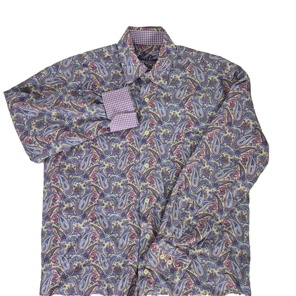 Alan Flusser Flip Cuff Shirt Mens S Purple Paisley Long Sleeve Festival‎ Boho